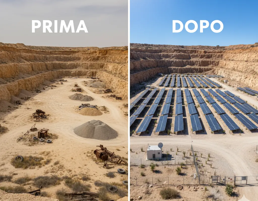 Illustrazione: una cava dismessa, prima, e la stessa area con un impianto fotovoltaico, dopo