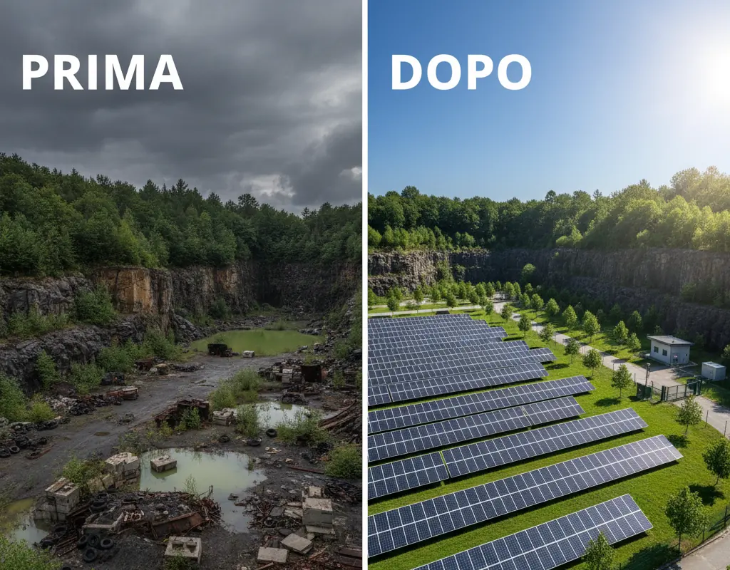 Illustrazione: una cava dismessa, prima, e la stessa area con un impianto fotovoltaico, dopo
