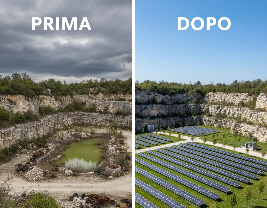 Illustrazione: una cava dismessa, prima, e la stessa area con un impianto fotovoltaico, dopo