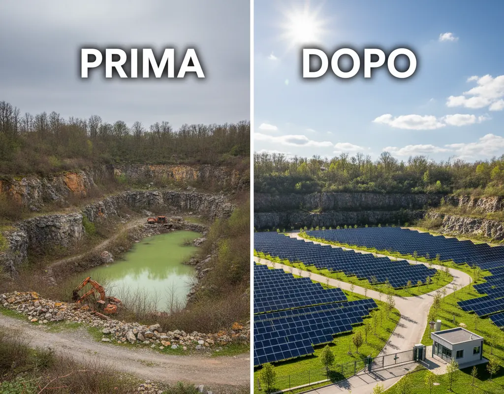 Illustrazione: una cava dismessa, prima, e la stessa area con un impianto fotovoltaico, dopo